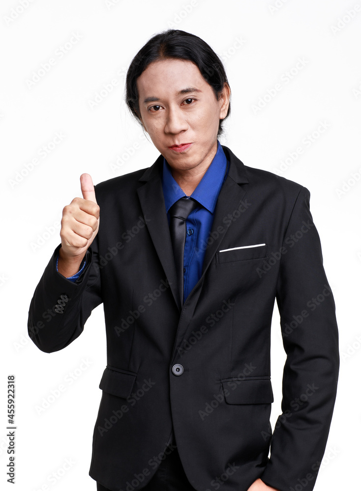 Asian businessman in black suit with self confident character pose to camera against white background Asian businessman in black suit with self confident character pose to camera against white background