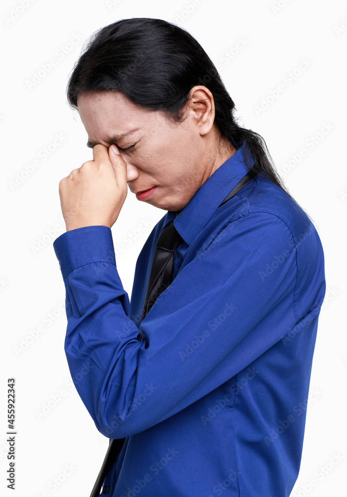 Isolated studio shot of Asian unhappy stress depress upset worry angry panic sad confuse businessman employee officer staff standing holding hands on head got headache problem on white background Isolated studio shot of Asian unhappy stress depress upset worry angry panic sad confuse businessman employee officer staff standing holding hands on head got headache problem on white background