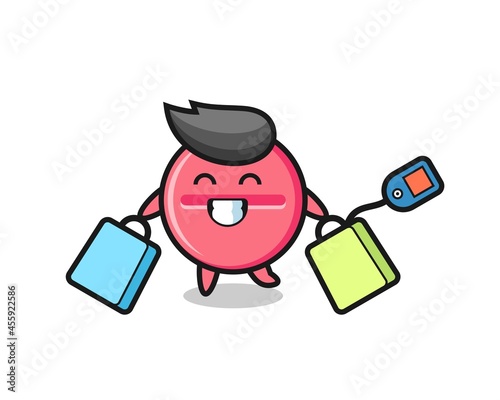 medicine tablet mascot cartoon holding a shopping bag