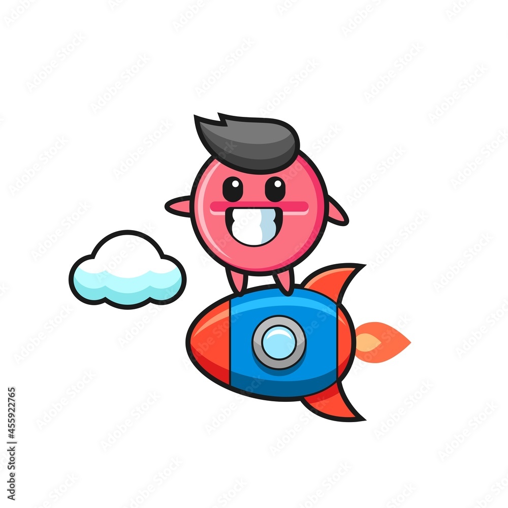 medicine tablet mascot character riding a rocket