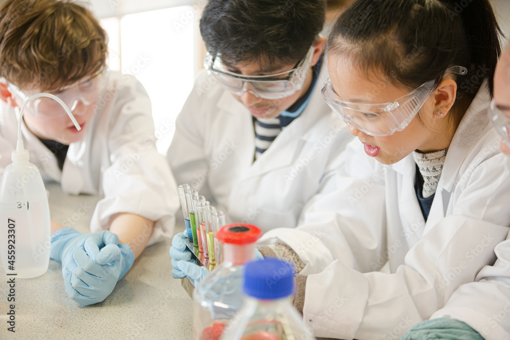Students conducting scientific experiment in laboratory classroom Students conducting scientific experiment in laboratory classroom