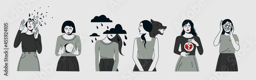 Woman suffering from mental disorder trendy flat illustration. Dissociation, derealization banner design. Depression, BPD, BPAD, schizophrenia background. Mood swings, obsessive thoughts, psychosis photo
