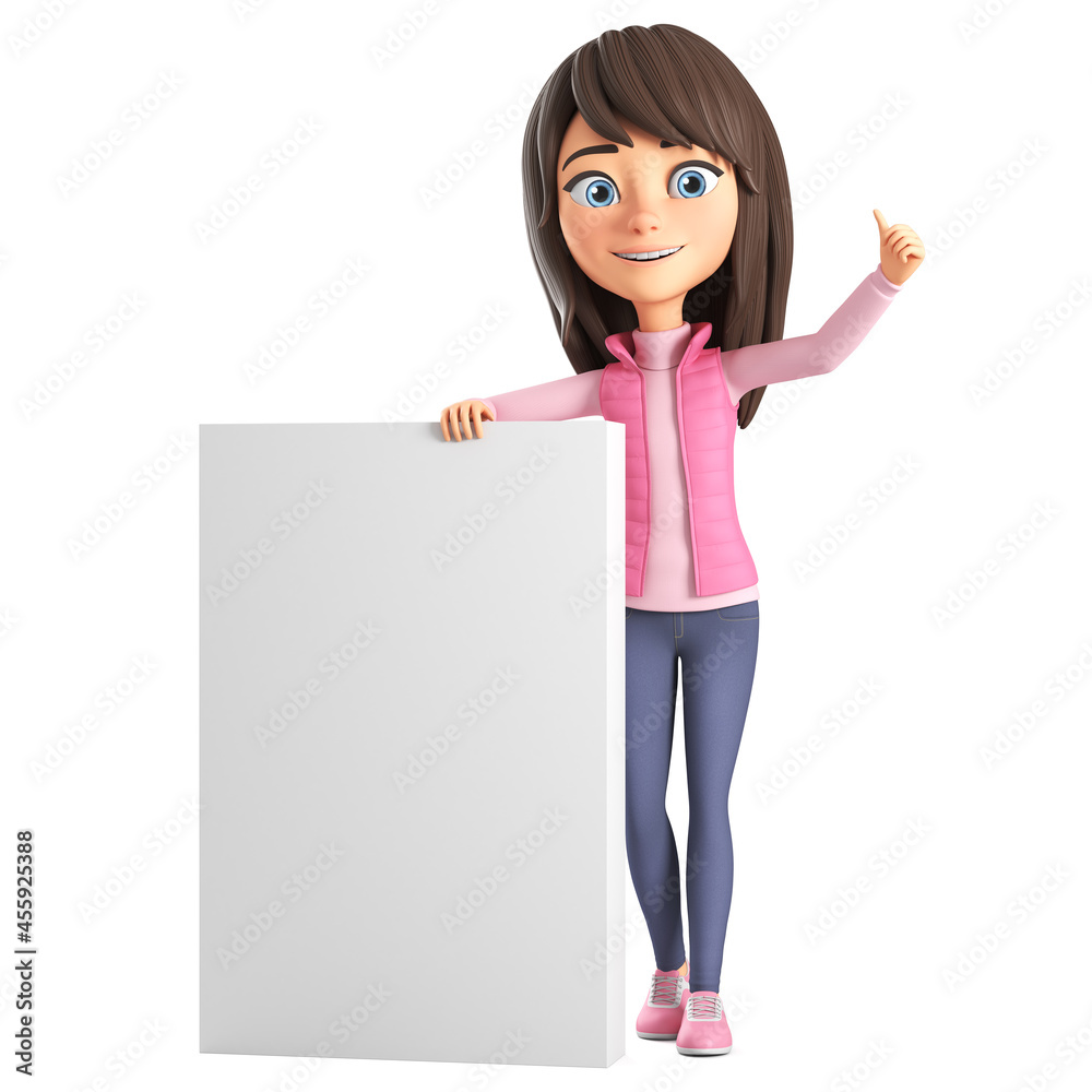 Character cartoon beautiful girl in a pink jacket points a finger at a blank board on a white background. 3d render illustration. Character cartoon beautiful girl in a pink jacket points a finger at a blank board on a white background. 3d render illustration.