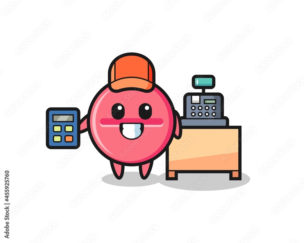 Illustration of medicine tablet character as a cashier