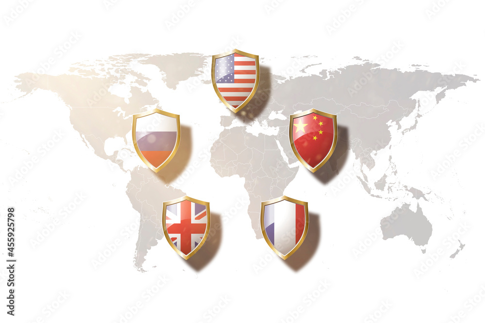 veto power countries flags in golden shield on world map background