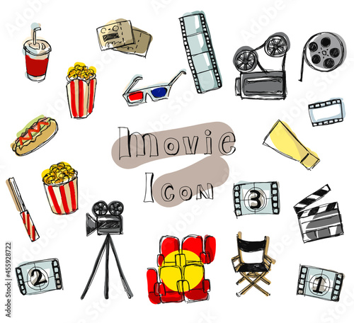 A set of hand-drawn illustrations of movies such as popcorn and projectors