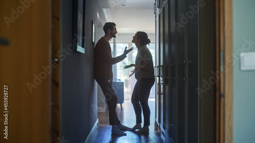 Young Couple Arguing and Fighting. Domestic Violence Scene of Emotional abuse, Stressed Woman and aggressive Man Having Almost Violent Argument in a Dark Claustrophobic Hallway of Apartment. photo