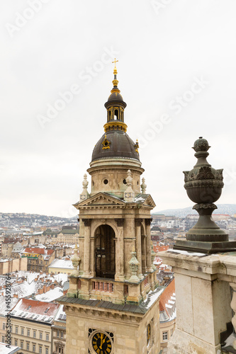 Hungary Budapest 28.02.2018. St. Stephen's Basilica Tower in Budapest close up
