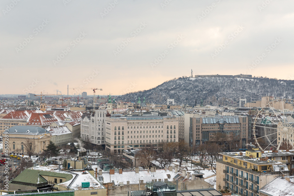 Budapest Hungary 28.02.2018. Panoramic view of the city and the central square with a Ferris wheel