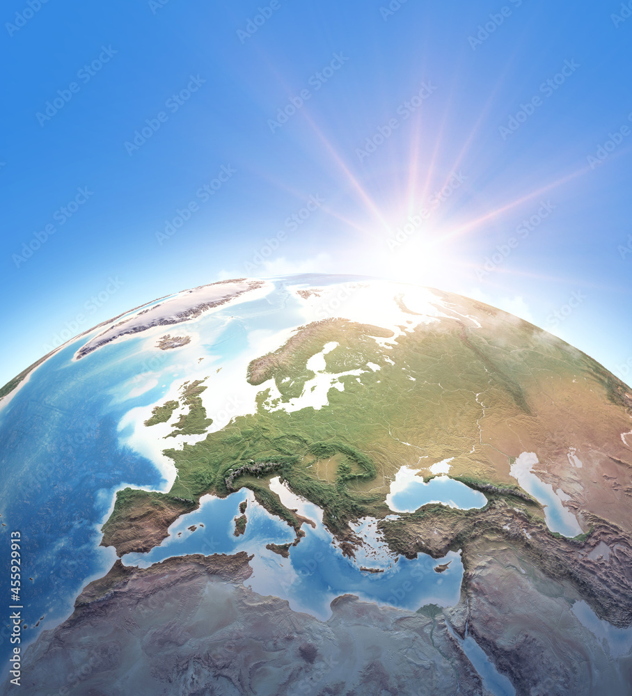 Sun shining over Planet Earth. Physical map of Western Europe, Mediterranean Sea and North Africa. 3D illustration - Elements of this image furnished by NASA