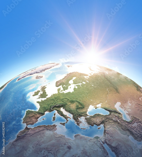 Fototapeta Naklejka Na Ścianę i Meble -  Sun shining over Planet Earth. Physical map of Western Europe, Mediterranean Sea and North Africa. 3D illustration - Elements of this image furnished by NASA