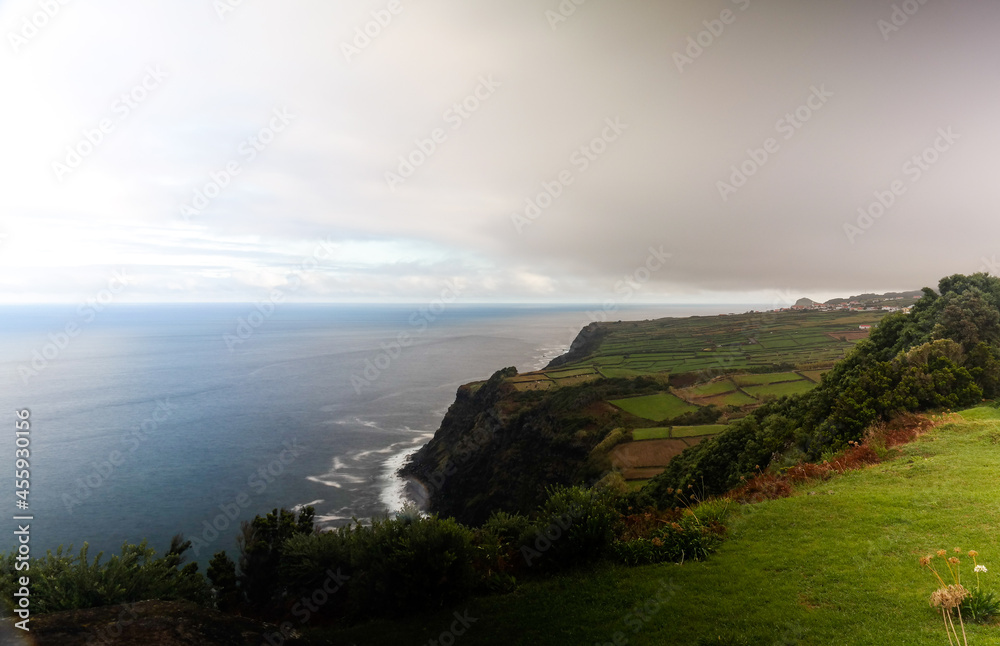 Panoramic view to Terceira island coastline from Miradouro do Raminho viewpoint, Azores, Portugal
