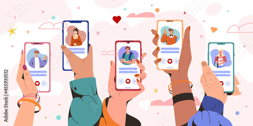 Flat hands holding smartphones with man and woman profiles. Online dating service app on phone screen. Virtual relationships, communication at distance. People looking for couple on social networks.