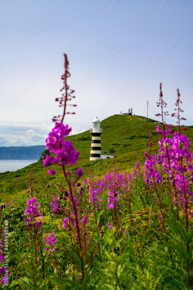 Landscape. Beautiful view of one of the oldest lighthouses on the Pacific coast. The attraction of the region. Cape Mayachny. Kamchatka Peninsula