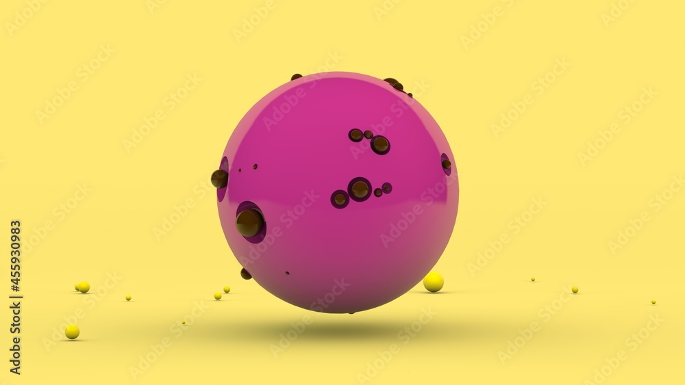 3d rendering of an abstract composition. A large pink sphere with pits on the surface and a lot of colorful small balls in the environment. Children's toys, childhood. 3d rendering of an abstract composition. A large pink sphere with pits on the surface and a lot of colorful small balls in the environment. Children's toys, childhood.