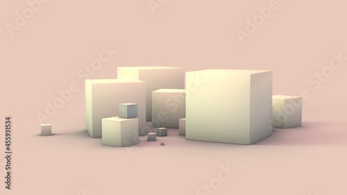 3d rendering of a set of white cubes on a surface. Cubes of different sizes are scattered in a mess in the studio. Abstract 3d illustration. © Станислав Чуб
