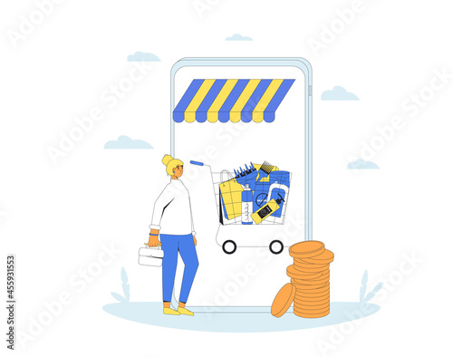 Cosmetics online store. Shopping cart with conditioners, shampoo and hair treatment on smartphone screen.