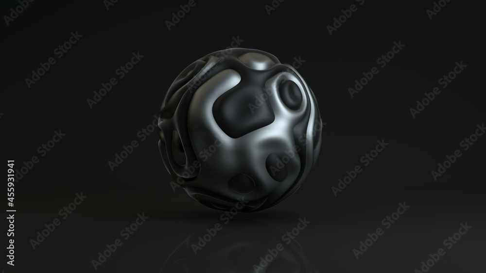 3d rendering of an abstract silver sphere with black plastic convolutions in a dark studio with reflections. Mysterious ball, mysterious object, futuristic design. 3d illustration 3d rendering of an abstract silver sphere with black plastic convolutions in a dark studio with reflections. Mysterious ball, mysterious object, futuristic design. 3d illustration