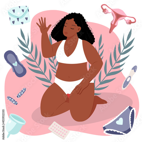 A young girl is happy to have a menstrual period. Various feminine hygiene products: panties, sanitary napkins, tampons. Protection of menstruation, feminine hygiene. Vector illustration.