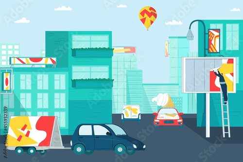 Modern advertisement billboard on city building and passenger car flat vector illustration  public shield marketing cityscape.