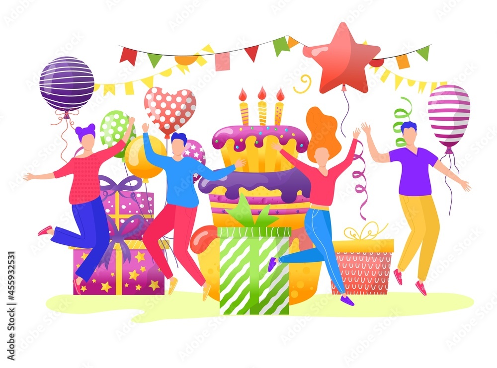 Fototapeta premium Cheerful young teenager people character together celebrate birthday party, birth cake with balloon flat vector illustration, isolated on white.