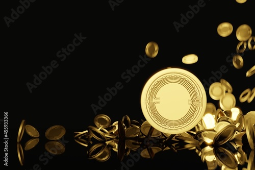 digital crypto gold coins and coin drop from sky on black background copy space .3D Rendering.