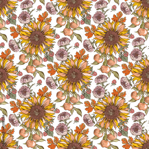 Autumn Bouquet Seamless Pattern.  Floral Hand Drawn Background.