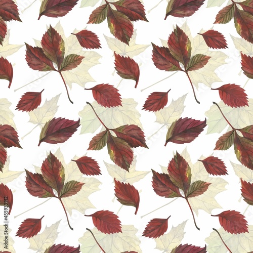 Autumn leaves in watercolor style. A beautiful seamless pattern with various autumn leaves Can be used as a background template for wallpaper, printing on fabrics, typography, paper.
