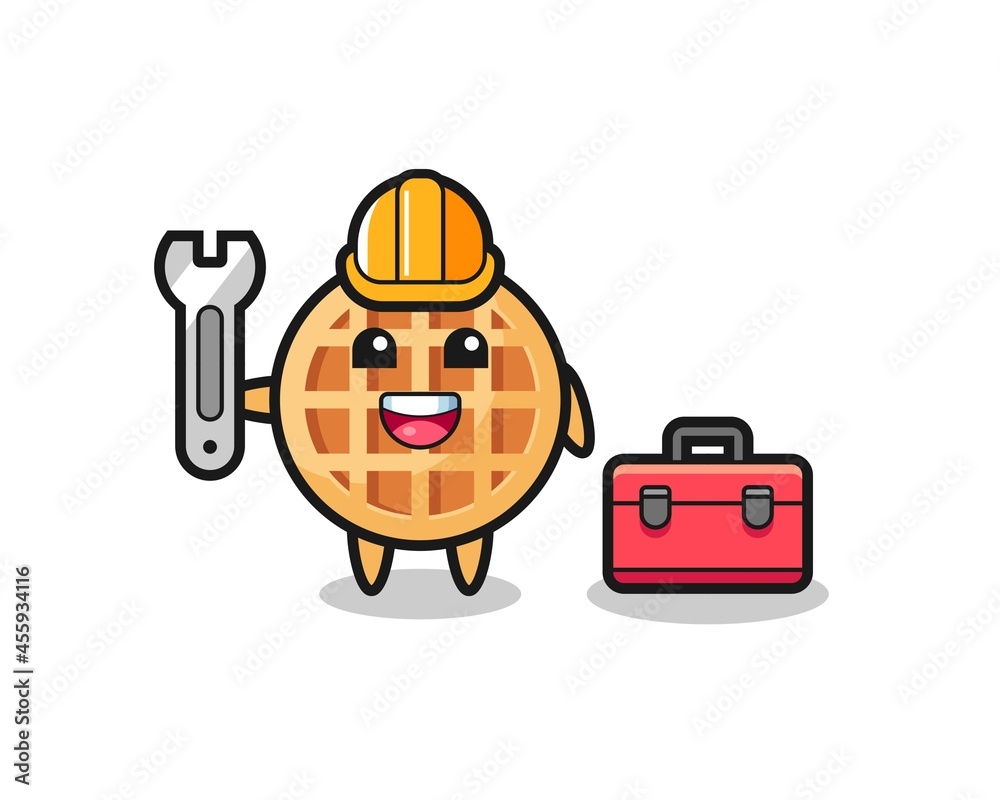 Mascot cartoon of circle waffle as a mechanic