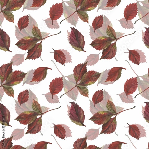Autumn leaves in watercolor style. A beautiful seamless pattern with various autumn leaves Can be used as a background template for wallpaper, printing on fabrics, typography, paper.