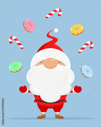 Santa juggles with candy canes and donuts. Vector illustration.