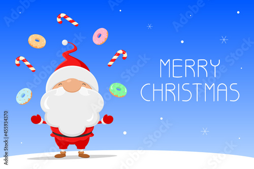 Christmas card. Santa juggles with sweets. Vector illustration.
