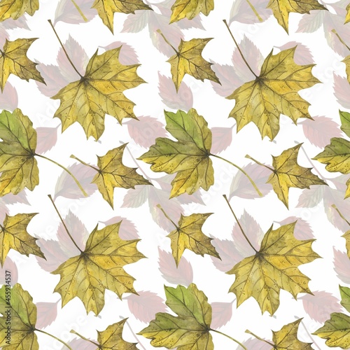 Autumn leaves in watercolor style. A beautiful seamless pattern with various autumn leaves Can be used as a background template for wallpaper, printing on fabrics, typography, paper.