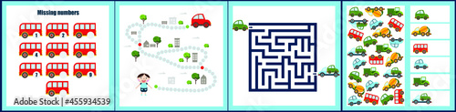Mini games collections with cars for development. I spy. Maze. Sudoku. Colorful vector illustration in flat style.