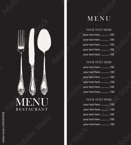 Vector menu design for a restaurant with fine cuisine. Black and white template of a restaurant menu with a price list and a cover decorated with an antique beautiful cutlery on a black background