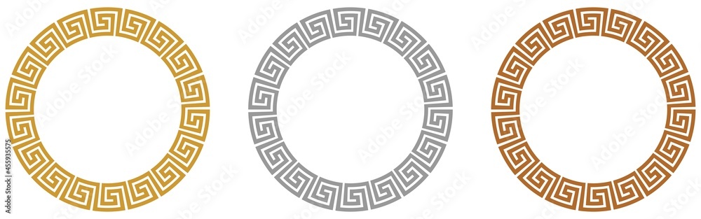 Nahtloser Maze und meander ring in Gold, Silber, Bronze auf einem isolierten weißen Hintergrund.
