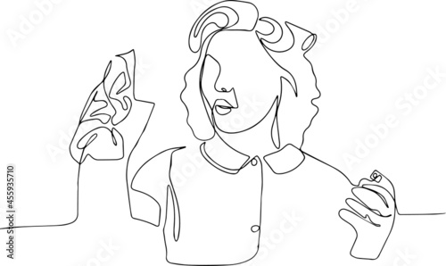 Pinup woman hold soup bottle duster housekeeper in uniform with clean spray duster cleaning