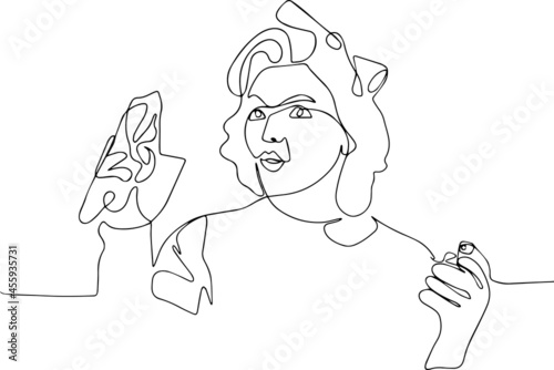 Pinup woman hold soup bottle duster housekeeper in uniform with clean spray duster cleaning