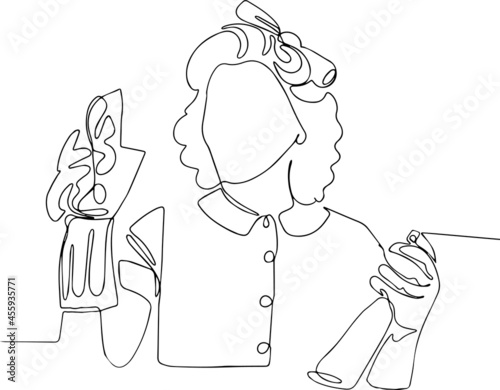 Pinup woman hold soup bottle duster housekeeper in uniform with clean spray duster cleaning
