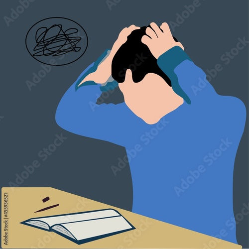 While performing heavy homework, a nervous male student grabs his head illustration.