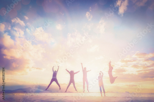 Happy family people group celebrate jump for good life on weekend concept for win victory, person faith in financial freedom healthy wellness, Great insurance team support retreat together in summer.