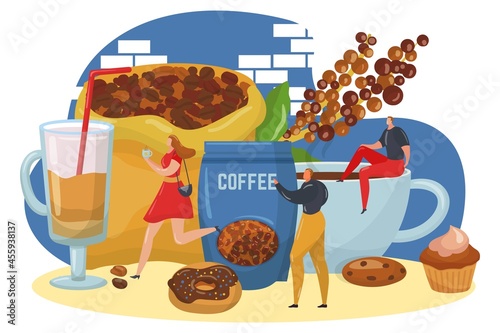 Coffee time break with sweetness pastry and doughnut, tiny people character t...