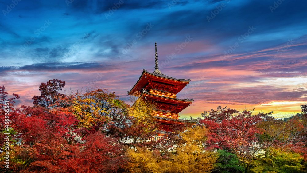 Colorful of autumn season and red pagoda at sunset in Kyoto, Japan.