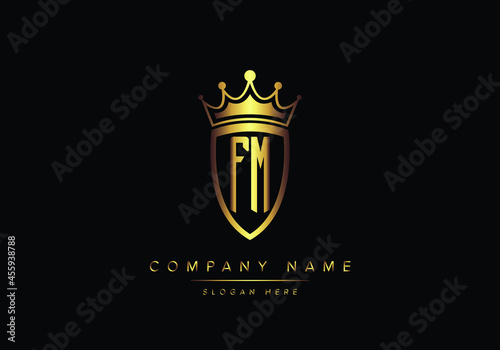 Alphabet letters FM monogram logo, gold color, shield style, luxury style, vector illustration