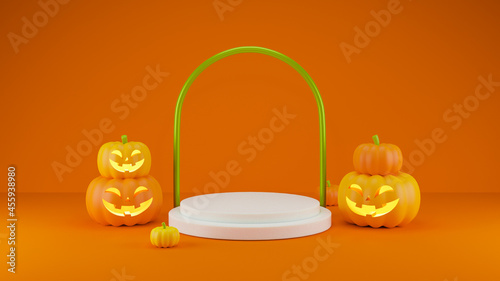 3D Render Halloween Product display stage for presentation. halloween pumpkins on orange background