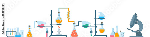 Chemistry equipment. Vector flat illustration. Chemical laboratory instruments and tools. Glass tubes, bottles and flasks with liquid reagents and reactions. Medical research, scientific experiment