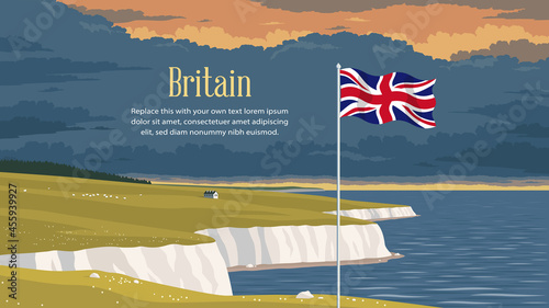 Detailed flat vector illustration of a flying flag of the United Kingdom in front of a scenic national landscape with the white cliffs of Dover. Happy Independence Day. Contains a placeholder text.