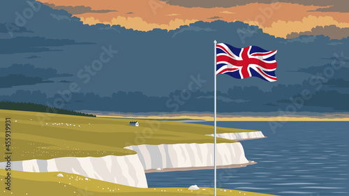 Detailed flat vector illustration of a flying flag of the United Kingdom in front of a scenic national landscape with the white cliffs of Dover. Happy Independence Day. Room for text.