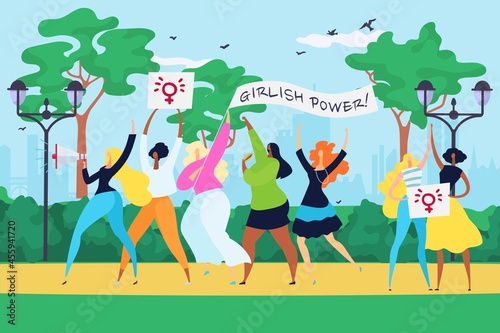 Public demonstration woman group together slogan girl power, feminism movement equality right flat vector illustration, street urban meeting.