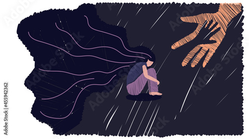 Vector graphics. The human hand helps the girl in depression. Lonely woman hugs her knees with her hair loose. The concept of sadness, loneliness, sadness, depression. Flat line art, cartoon woman.